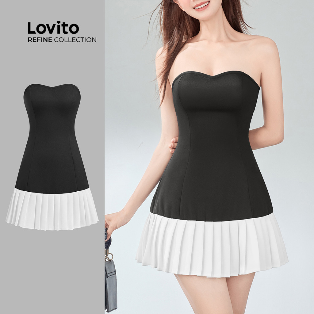 (Lovito Refine) Vestido Casual Patchwork plissado falso 2 em 1 para mulheres LR4AD004 - Women Clothes
