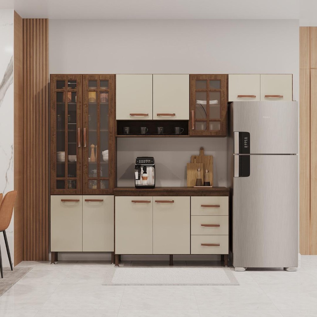 Cozinha Modulada Compacta Fidelitá Lisboa 4 Peças 260cm 11 Portas 3 Gavetas Com Tampo Noce/Off-White - Home & Living