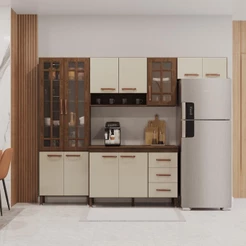 Cozinha Modulada Compacta Fidelitá Lisboa 4 Peças 260cm 11 Portas 3 Gavetas Com Tampo Noce/Off-White