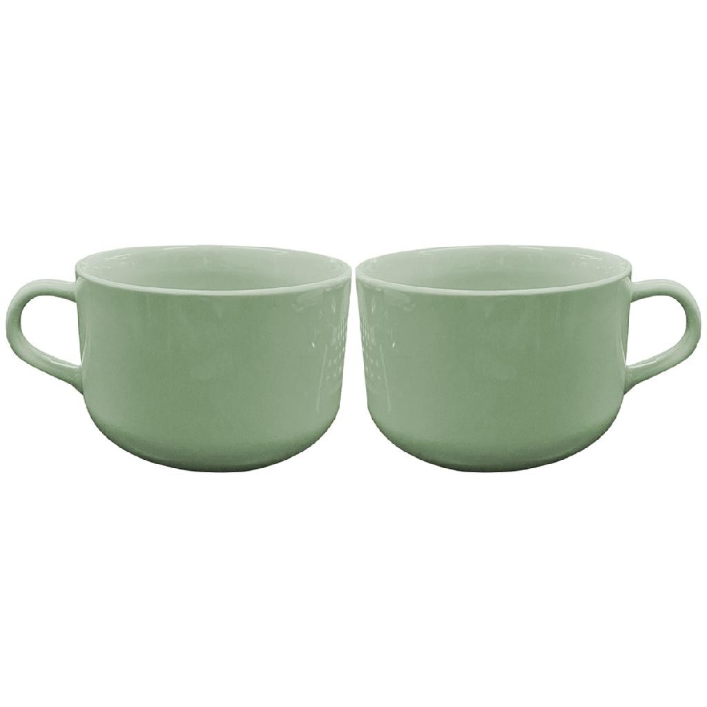 Duas Canecas Verde Xícara De 450ml Jumbo Porcelana Caldo Cereal Sopa Sobremesa Hr Porcelanas Cozinha Louça Decoração