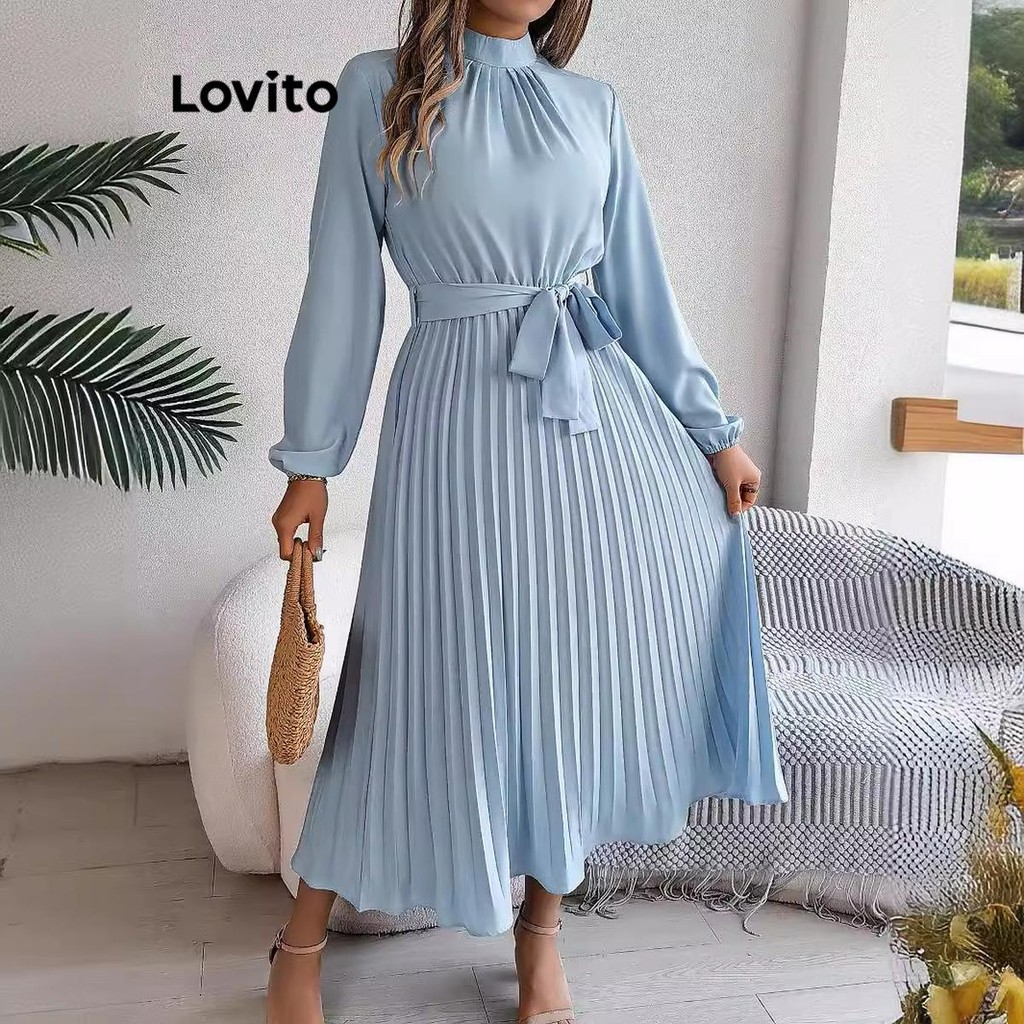 Lovito Vestido Elegante Plissado Com Gravata Frontal Outono Inverno Vestido Para Mulheres LNL100426 - Women Clothes