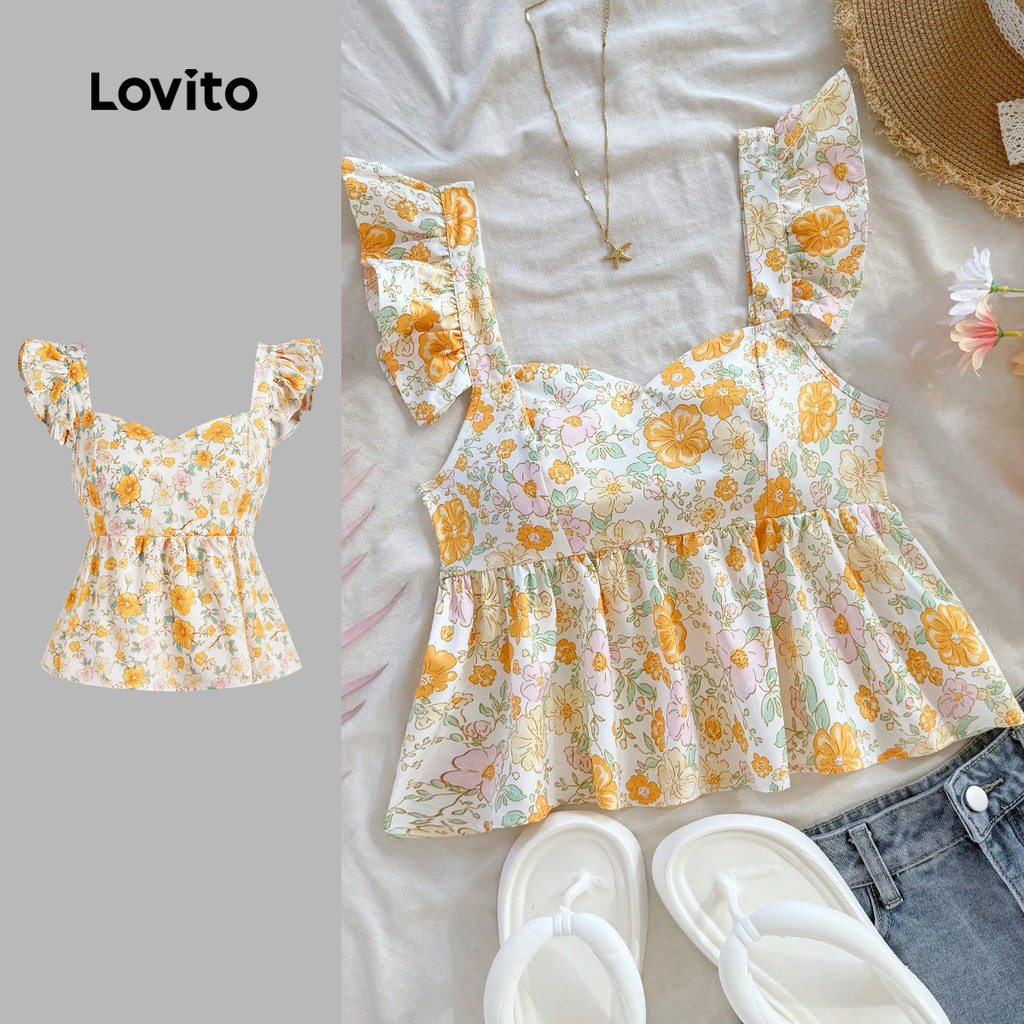 Lovito Blusa Regata Feminina Com Babados Florais Fofos Verão/primavera L128ED489 em Oferta na Shopee