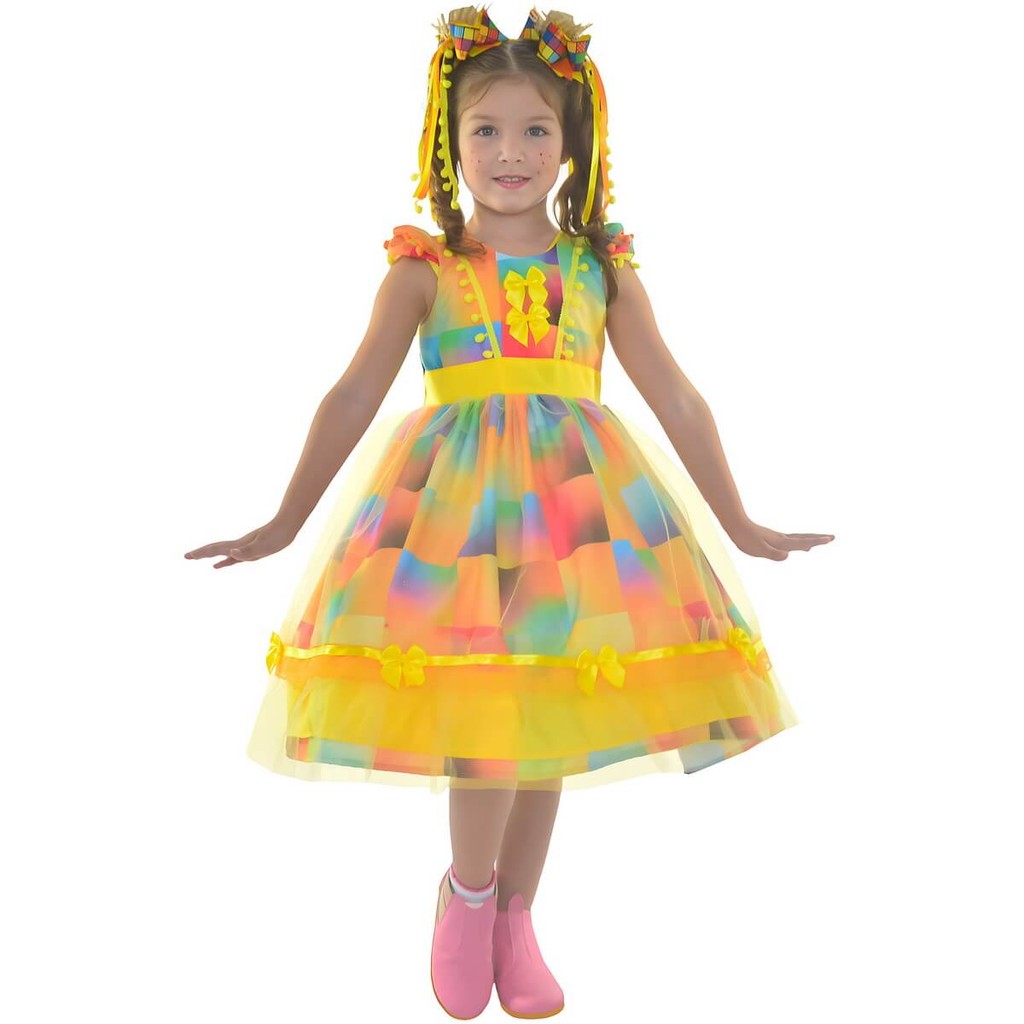 Vestido Festa Junina São Joao Quadrilha Xadrez Amarelo Luxuoso