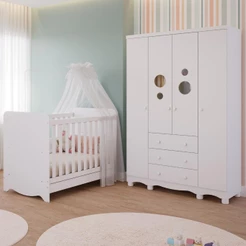 Quarto Bebê Completo Berço Americano Ben 3 em 1 Guarda Roupas 4 Portas 3 Gavetas Bolinha 100% MDF