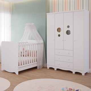 Quarto Bebê Completo Berço Americano Ben 3 em 1 Guarda Roupas 4 Portas 3 Gavetas Bolinha 100% MDF em Oferta na Shopee