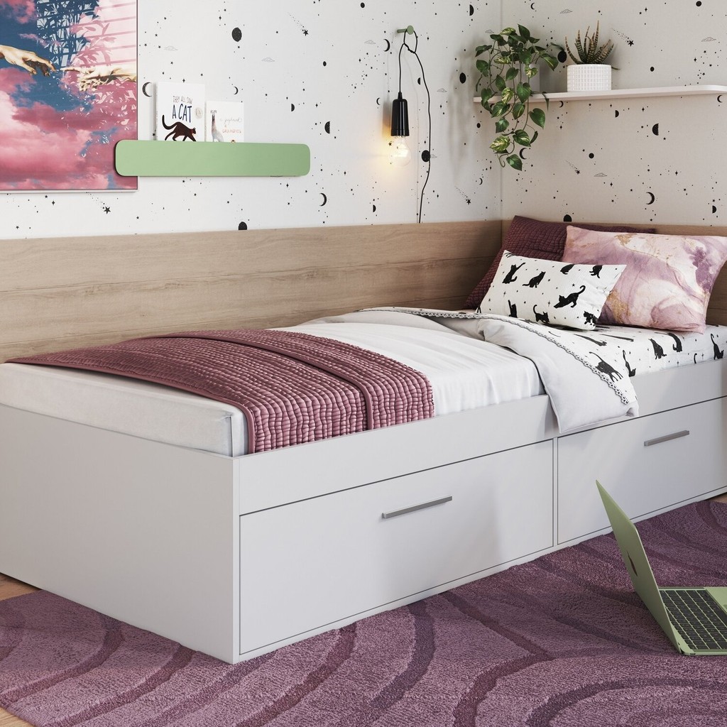 Cama Solteiro Baú Juvenil com 2 Portas Basculantes 80 Tókio  Branco - Home & Living