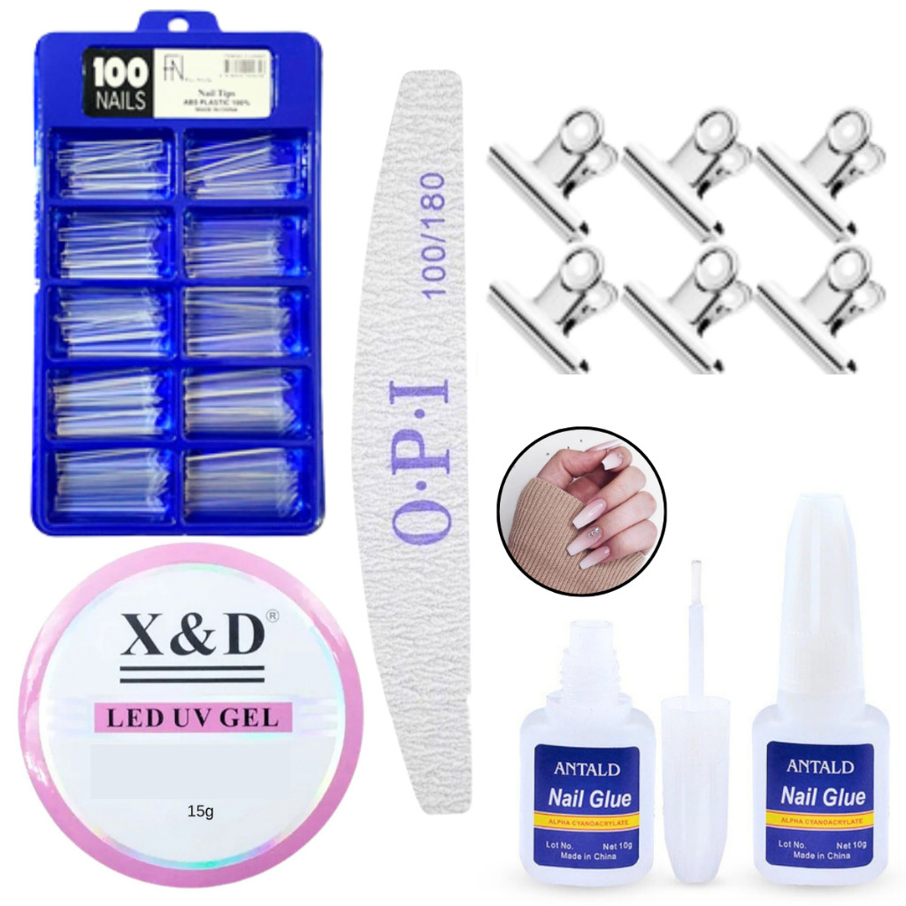 Kit Manicure Alongamento De Unha 100 Tips Postiça Curva C Cola Pincel 1x lixa 100 180 Gel Unha 15ml