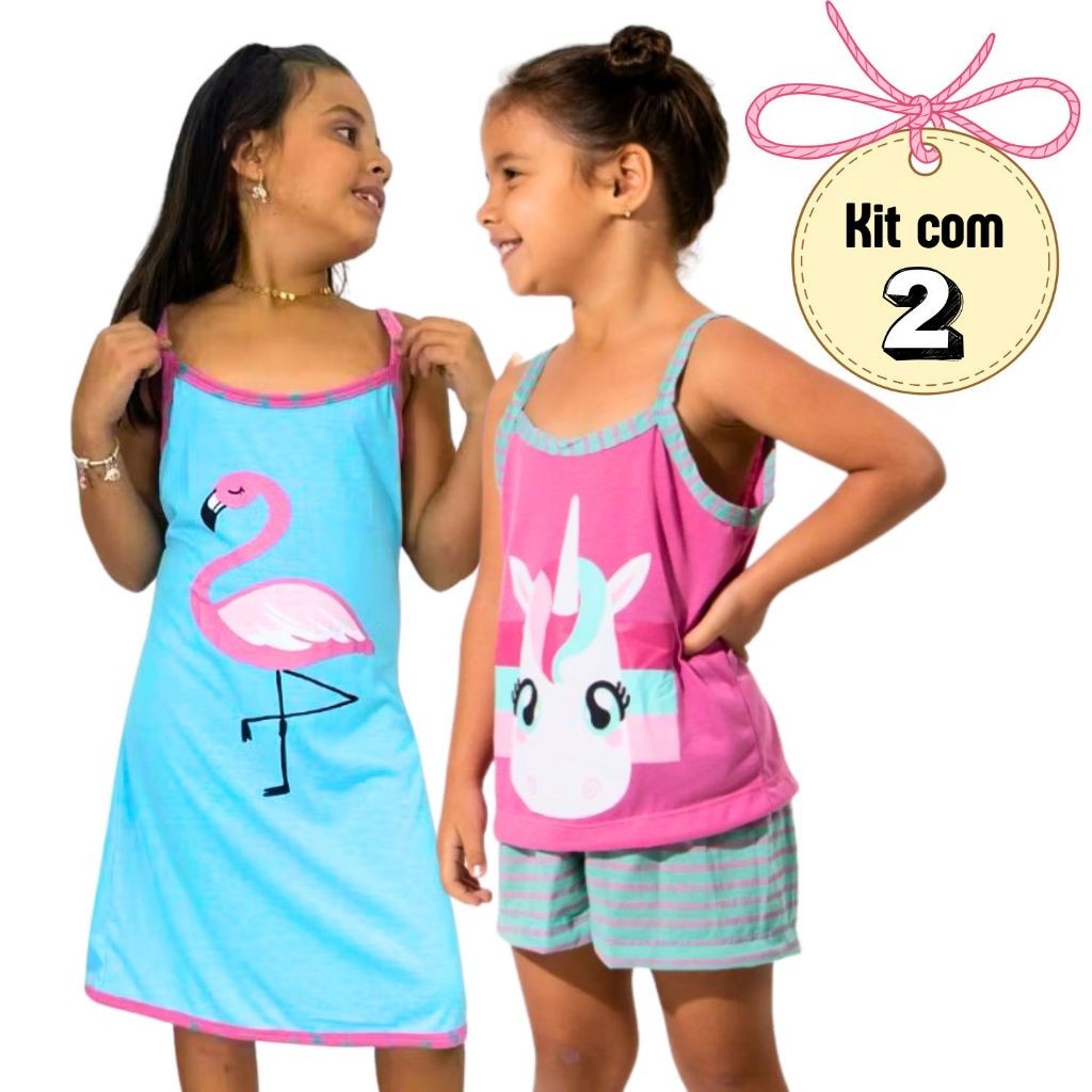 KIt com 2 Pijamas Baby doll Alcinha Camisola Infantil Personagens Sortidos em Malha Premium