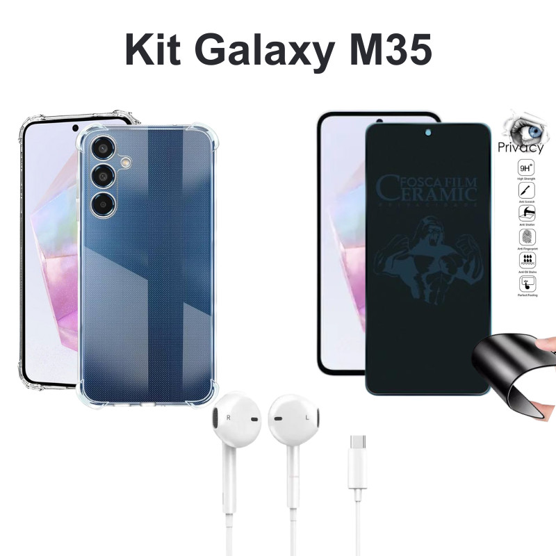 Kit Capa Anti Impactos Transparente + Película PrivacidadeFosca + Fone de Ouvido