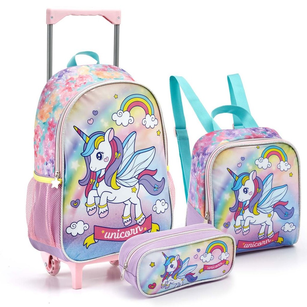 Kit Mochila Rodinha Lancheira Estojo Infantil Escolar Menina Unicornio Rainbown Arco Iris Seanite