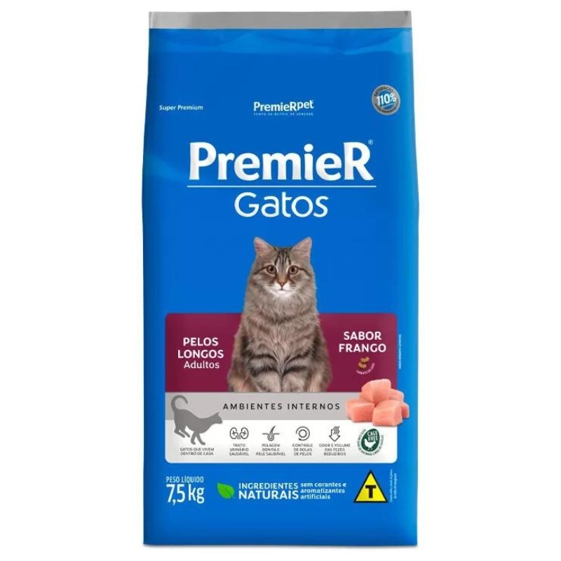 RAÇÃO PREMIER AMBIENTES INTERNOS GATOS PELOS LONGOS ADULTOS FRANGO 7.5KG