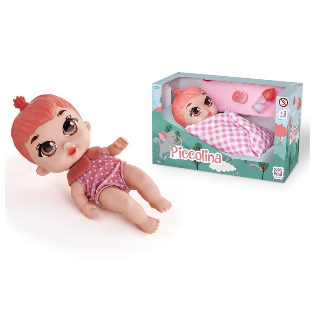 Boneca Piccolina Sonequinha Pupee com Mamadeira Manta e Chupeta Cuidados Sono Infantil Criança Bebê