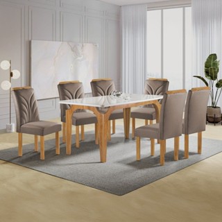 Conjunto Mesa Melina 170cmx90cm com 6 Cadeiras Carolina Tampo Smart Plus com Vidro Cinamomo/Off White/Bege Escuro em Oferta na Shopee