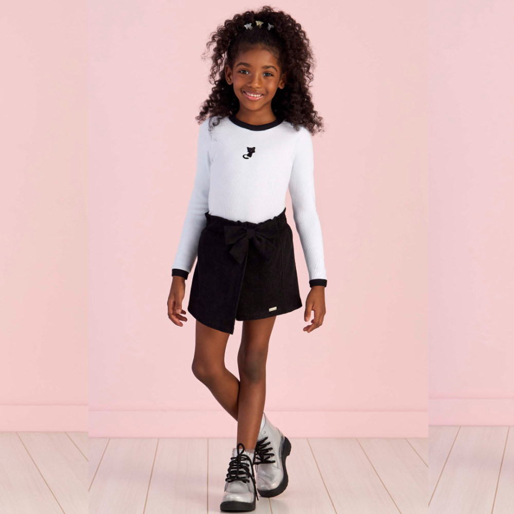 Conjunto Infantil Menina Inverno Blusa Estampa Gato e Short Saia - Mon Sucré