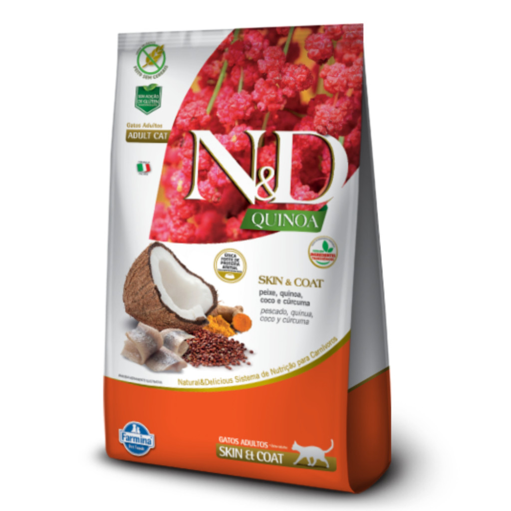 Ração N&D Quinoa Skin & Coat Sabor Peixe, Quinoa, Coco e Cúrcuma 7,5kg Para Gatos Adultos