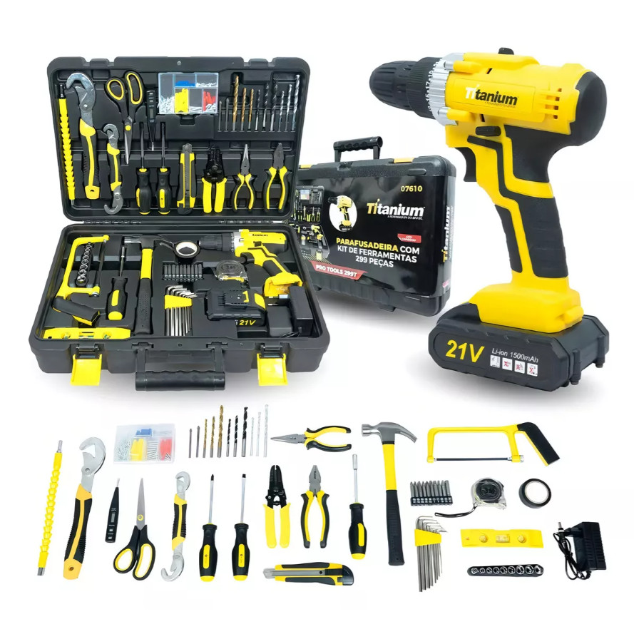 Parafusadeira 3/8" a Bateria Bivolt 1500 mAh com 299 Peças – 21V Titanium Platina em Oferta na Shopee