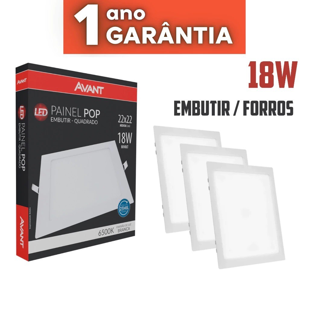 Kit 3 Luminárias Painel 21x21 Plafon Led 18W Quadrado Embutir Branco 6500k Avant 01 Ano de Garântia