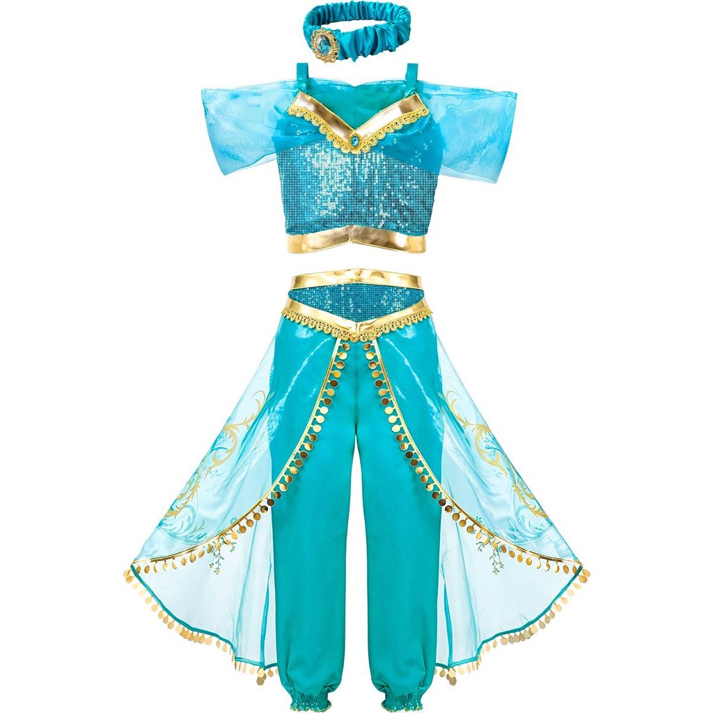 Fantasia Jasmine Infantil de Luxo Azul e Dourada Com Tiara em Oferta na Shopee