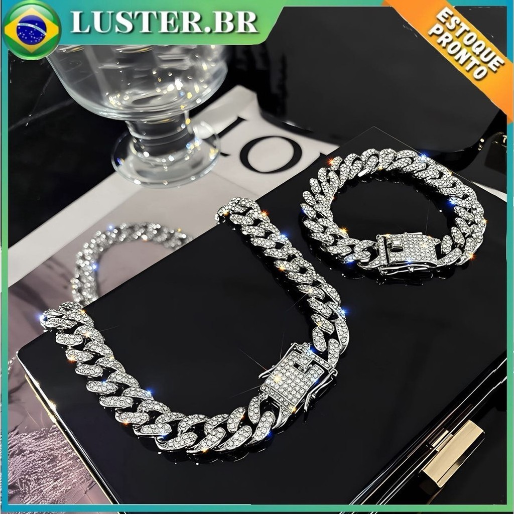 Colar e pulseira cubana de meio diamante, conjunto de corrente grossa super flash para casal hip-hop europeu e americano em Oferta na Shopee
