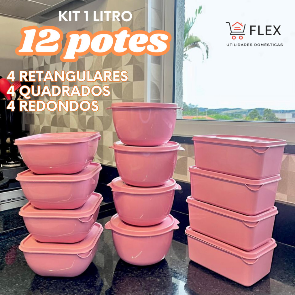 Potes Plásticos, Vasilha, Marmita - formatos variados - 1 litro - Kit com 12 unidades