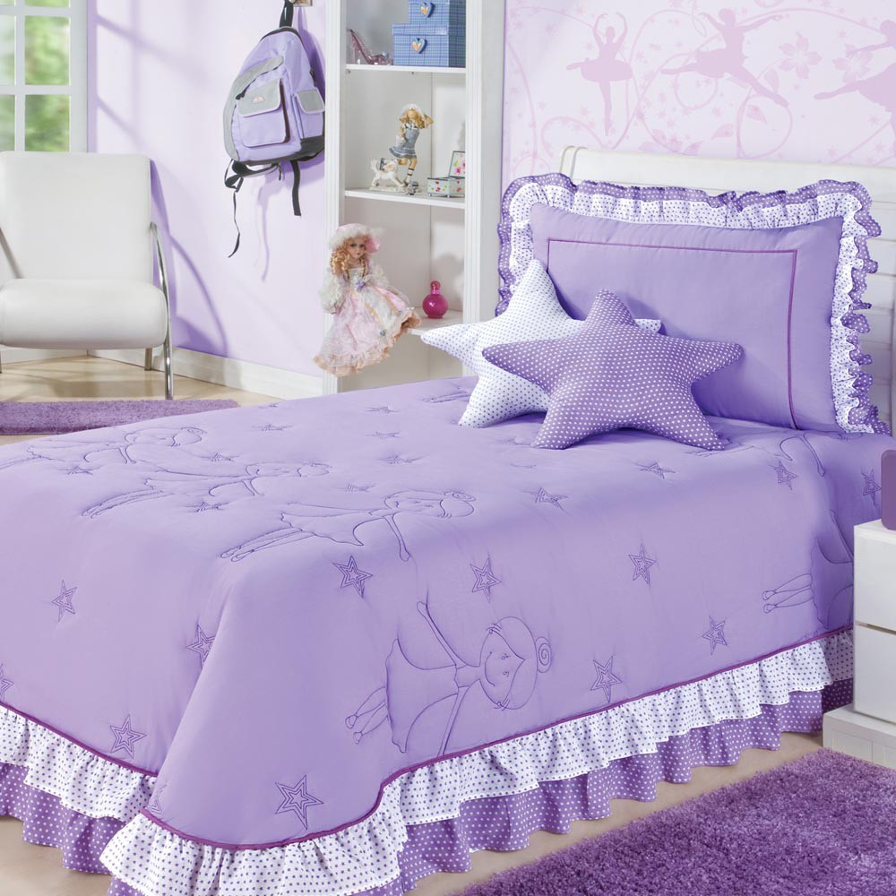 Kit Colcha Cobre Leito Bailarina Estrela Solteiro 4 Peças Infantil Decoração para Quarto