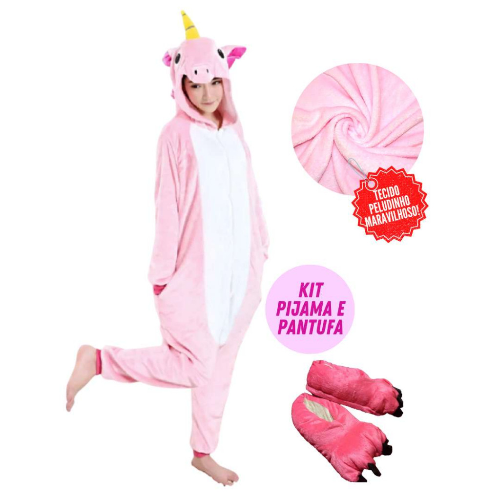 Kit Pijama Unicórnio com Pantufa Rosa Kigurumi Feminino Macacão com Capuz Manga Longa Roupa p/Dormir