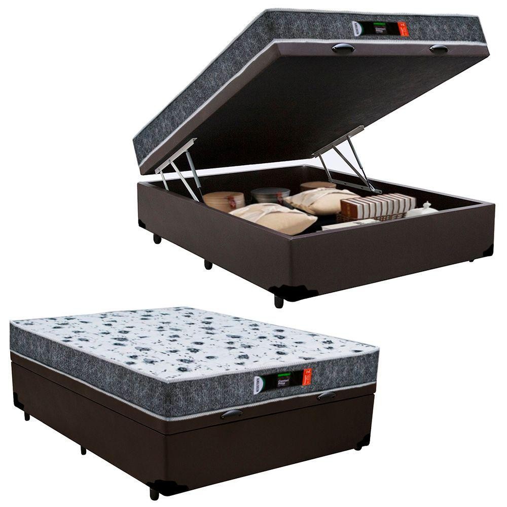 Cama Box Baú Casal + Colchão Ortopédico Resistente Pró D28 Colchões 138x188x60 Marrom