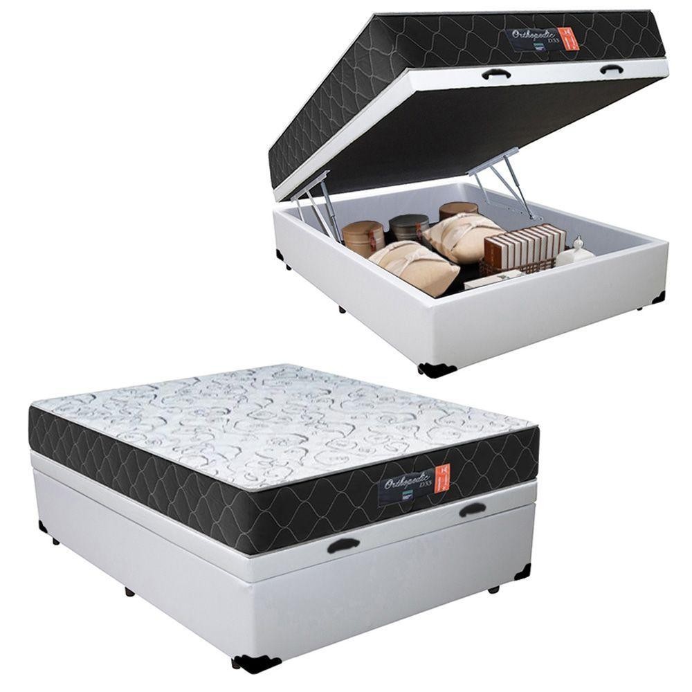 Cama Box Baú Casal + Colchão Semi Ortopédico Extra Firme Espuma D33 Colchões 138x188x72 Branco - Home & Living