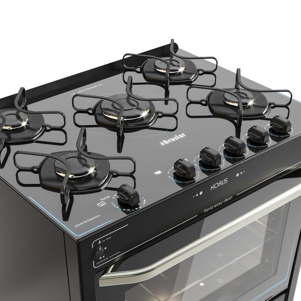 Detalhes do Fogão 5 Bocas Braslar Automático Mesa de Vidro Horus Top Control Preto