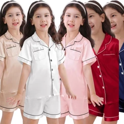 Pijama Infantil Americano Unissex Cetim de Seda com Elastano Short Camisa Manga Curta botões Bolso