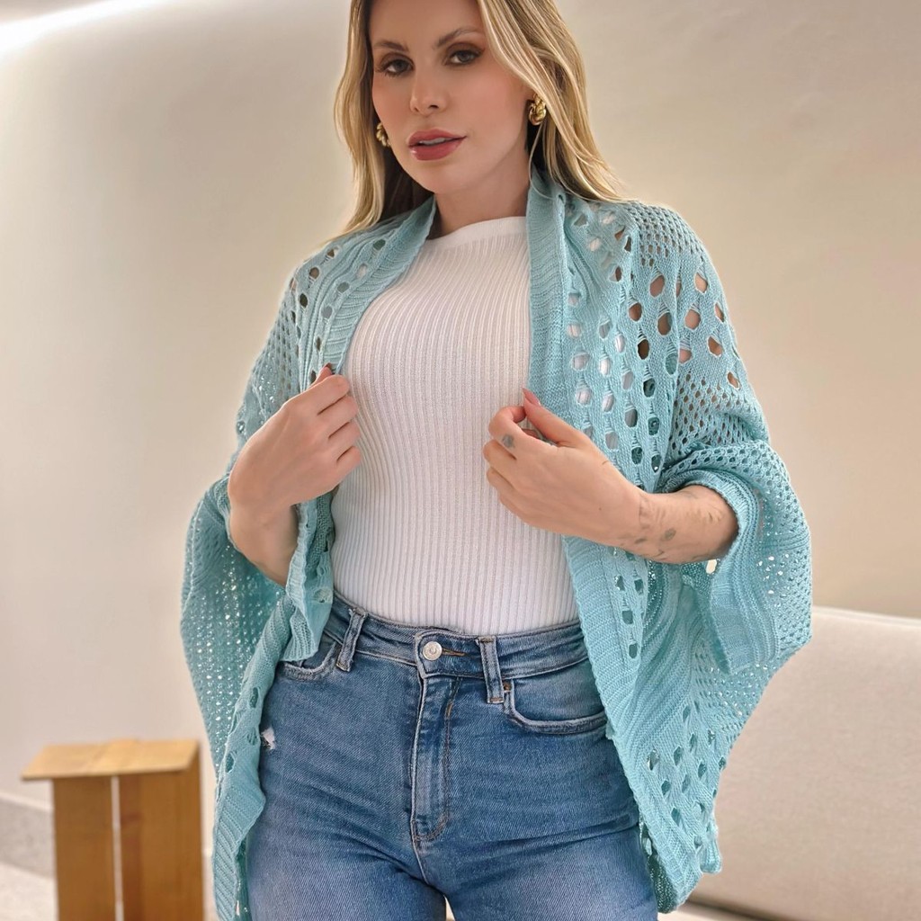 Kimono Rendado em Tricô Capa Colete Regata Verão