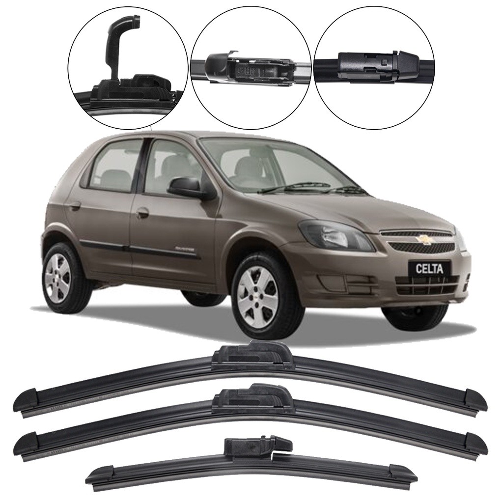 Conjunto 3 Palhetas Limpador Parabrisa Dianteiro e Traseiro Chevrolet Celta 2002-2010