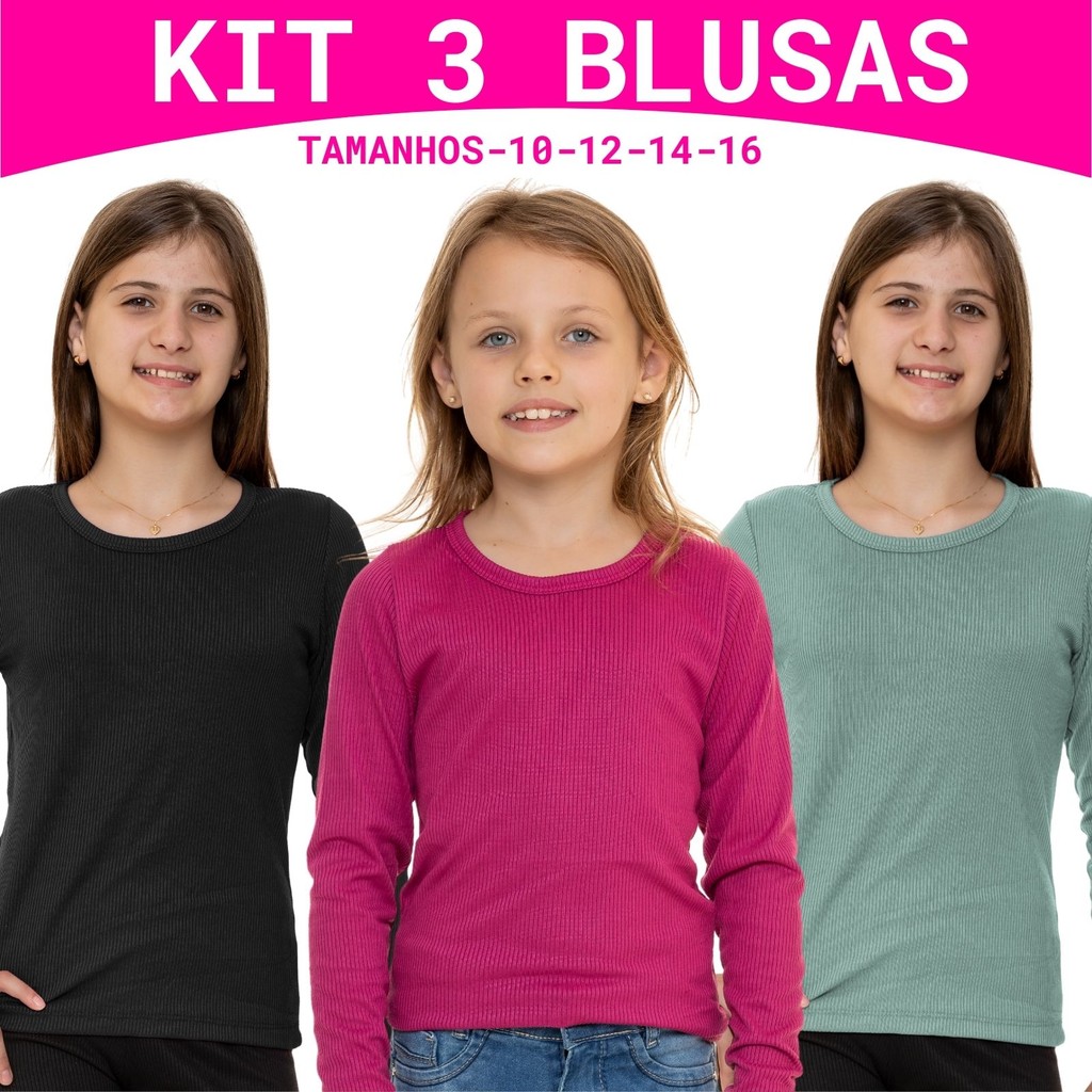 KIT 3 Baby Look Manga Longa Ribana Canelada 3158-K3-C1