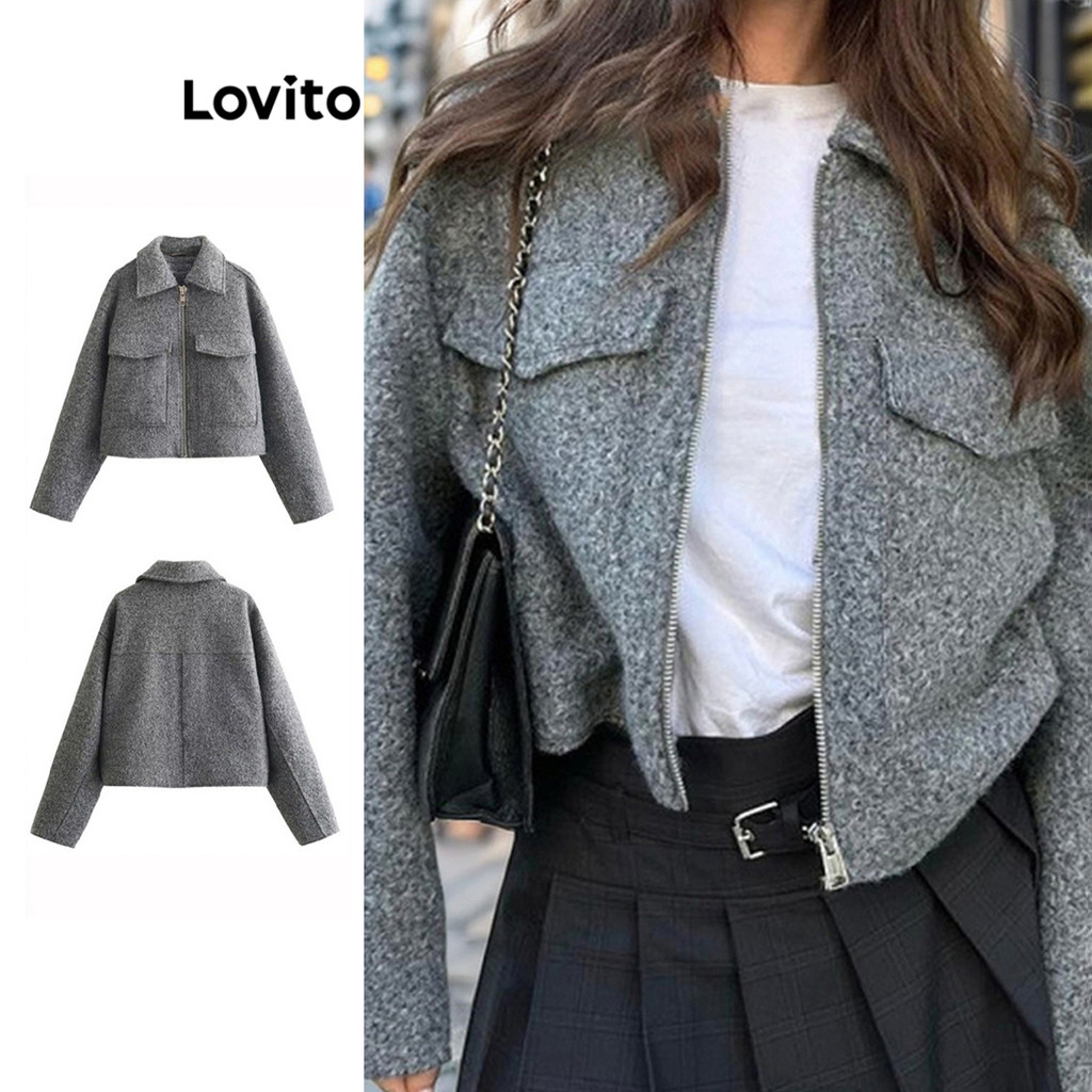 (Trendy) Lovito Jaqueta Casual Com Bolso Liso Com Zíper Para Mulheres LNL54290 em Oferta na Shopee