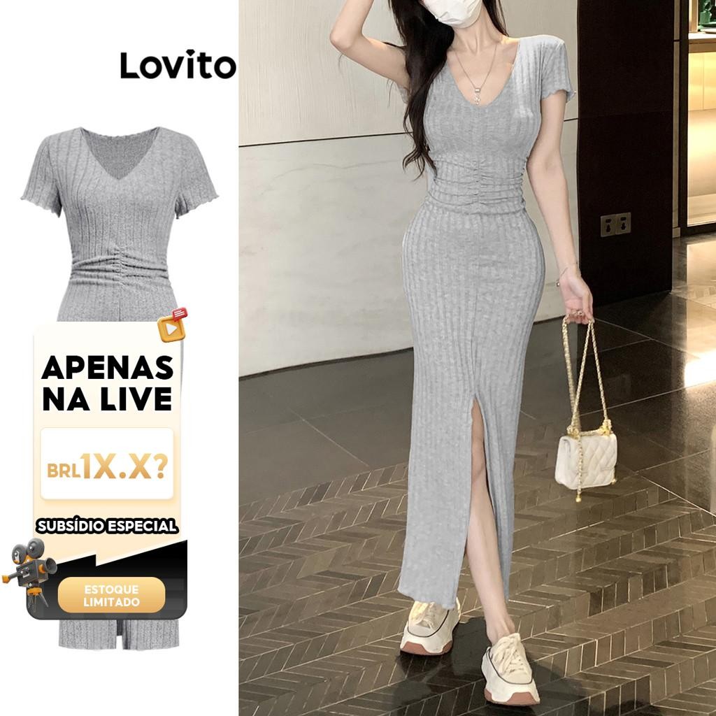 (LIVE STREAM SALE) Lovito Vestido casual simples com frente dividida para mulheres L108ED610 em Oferta na Shopee