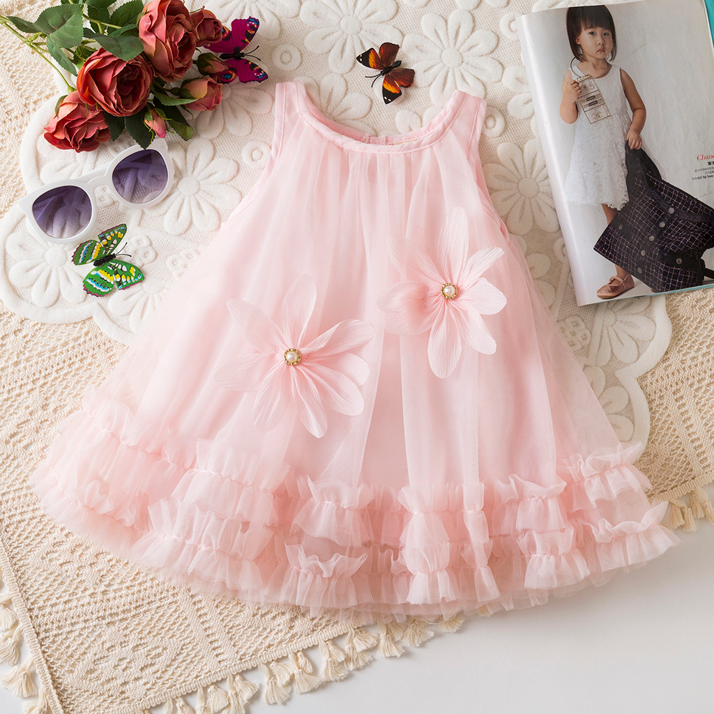 Pérola Flor Gaze Vestido De Bebê Verão Respirável Sem Mangas Casamento Menina em Oferta na Shopee