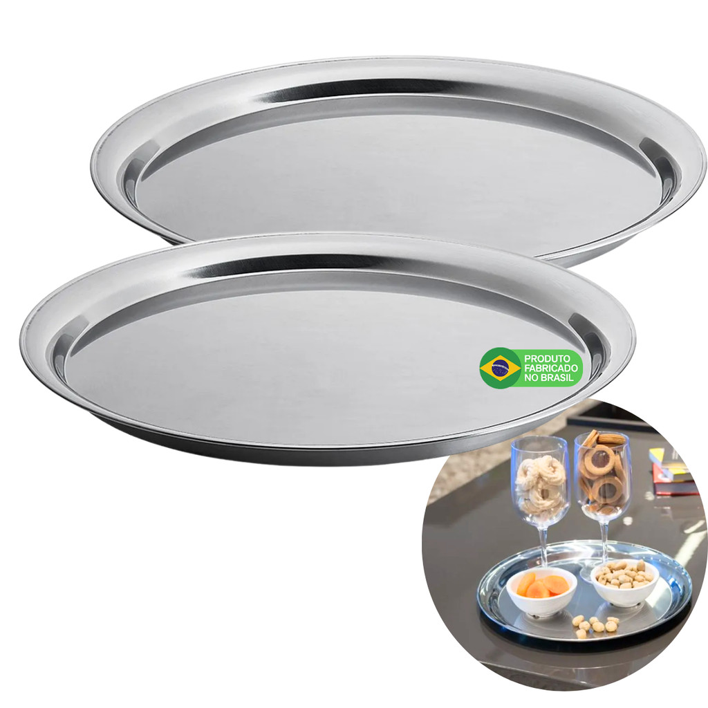Bandeja Travessa Rasa Redonda de Aço Inox 29x3cm Multiuso Bar Restaurante Buffet Kit 2 Unidades