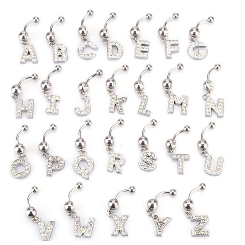 Feeling 316L 1 Peça Piercing / Umbigo De Umbigo De Cristal Com Letras De Prata A-Z Com Strass em Oferta na Shopee