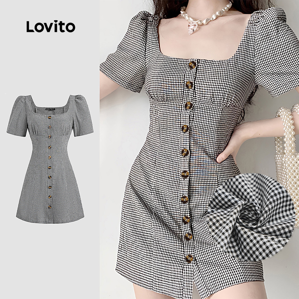 Lovito Vestido Casual Xadrez Com Botão Verão/Primavera Para Mulheres L128ED871 - Women Clothes
