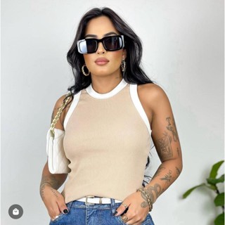 Kit 2 Blusas Feminina Bicolor Regata Canelada Ribana Premium Social Americana Basica Promoção em Oferta na Shopee