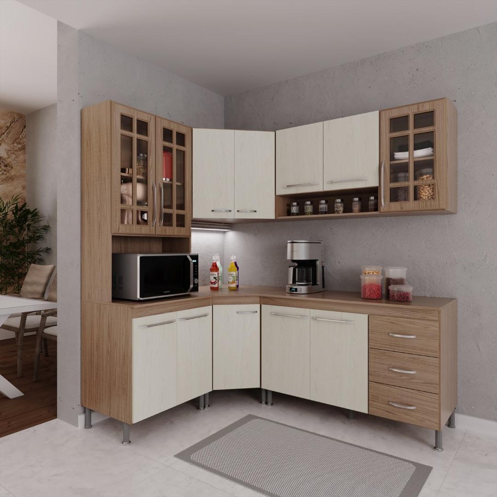 Cozinha Modulada Completa Fidelitá Paris 5 Peças 340cm 12 Portas 3 Gavetas Com Tampo Nogal/Salinas - Home & Living