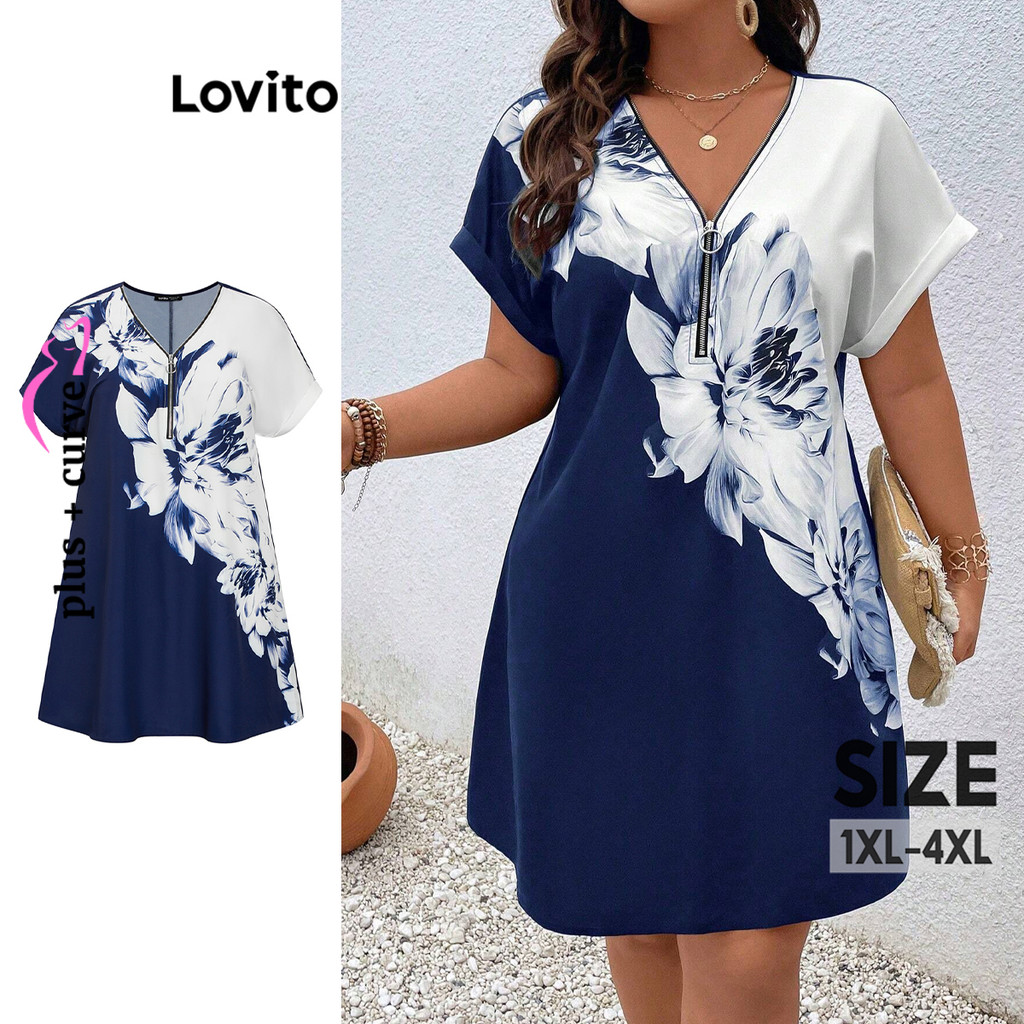 (Casual) Lovito Plus Size Curve Floral Padrão Vestido De Verão Com Zíper Para Mu