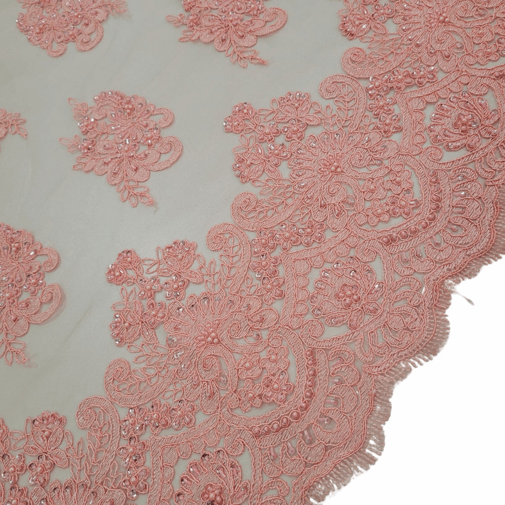 Renda para Vestido de Festa Tule Bordado Salmão em Metro - 1,30m x 80cm
