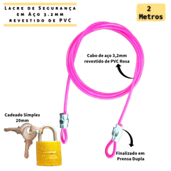 Kit 1 Cabo de Aço Multiuso de Segurança 2 Metros Revestido + Cadeado 20mm Trava Ziper Malas Bagagens Capacete Bolsa
