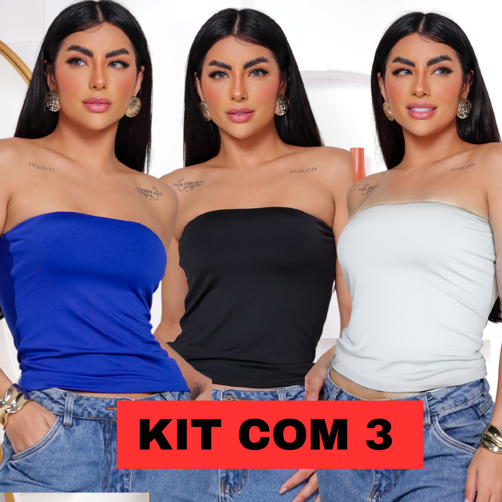 Kit 3 Cropped Top Faixa Suplex Premium Tube Tomara Que Caia Feminino Com Forro Busto Moda Blogueira Básica  Único Croped