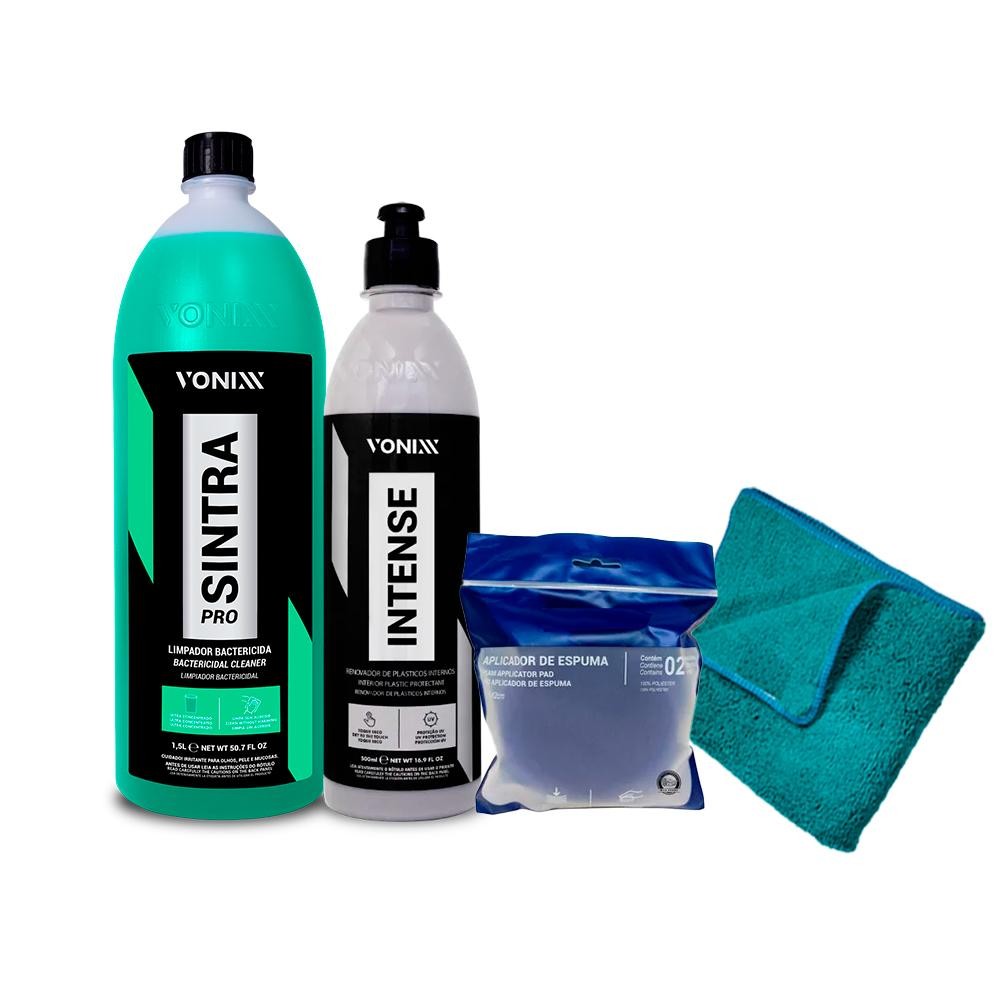 Kit Sintra Pro 1,5l Plástico Interno + Intense Renovador de Plasticos + Toalha Microfibra + Aplicador Vonixx