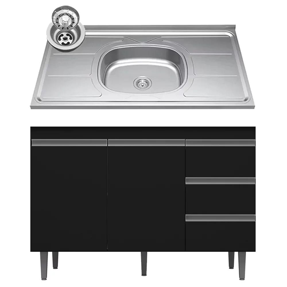 Balcão de Cozinha Com Pia Inox 100cm 3 Gavetas Andréia Preto - AJL Móveis em Oferta na Shopee
