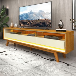Rack para TV Até 85 Polegadas Requinte 3 Gavetas 100% Mdf com Pés e Led Naturale/Off White - Gelius em Oferta na Shopee