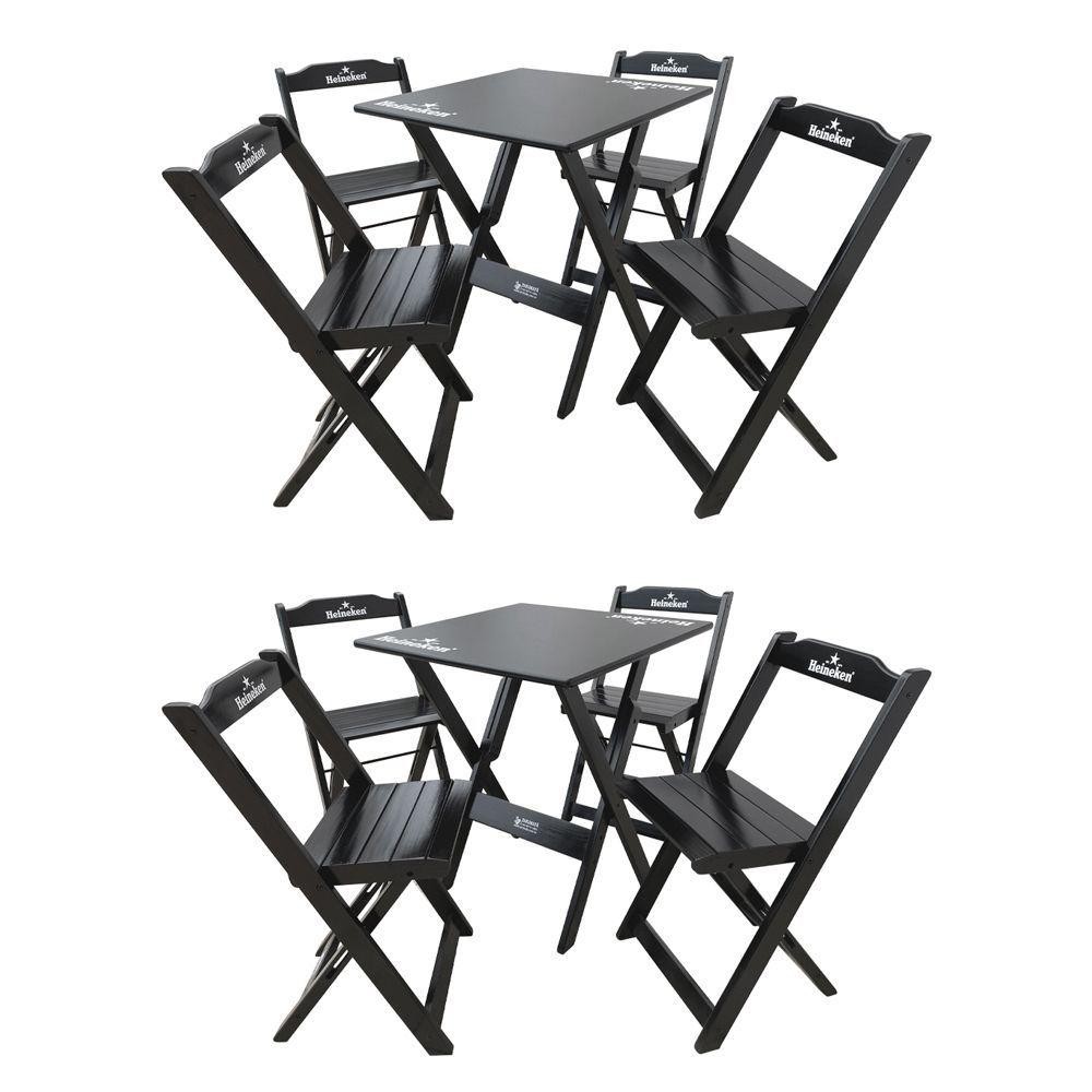 Kit 2 Conjuntos Mesa Dobrável Madeira 70x70 Com 4 Cadeiras Personalizada Hei Preta - Cor: Preto
