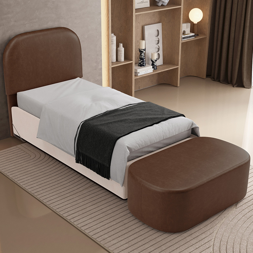Cabeceira Cama Box Solteiro 100cm Lanna com Puff Recamier Doha W01 Couríssimo Marrom - Lyam Decor